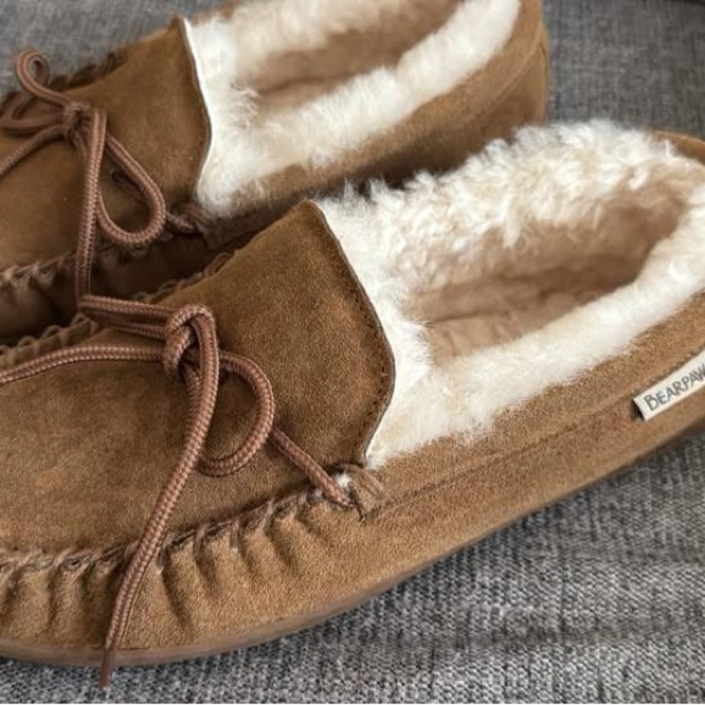 BearPaw Tan Moccasin Slippers with Cream Lining